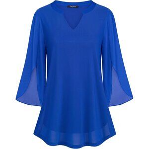 👑 Women's Blue Mesh 3/4 Sleeve V Neck Stretch Lose Fit Double Layers Tunic Tops